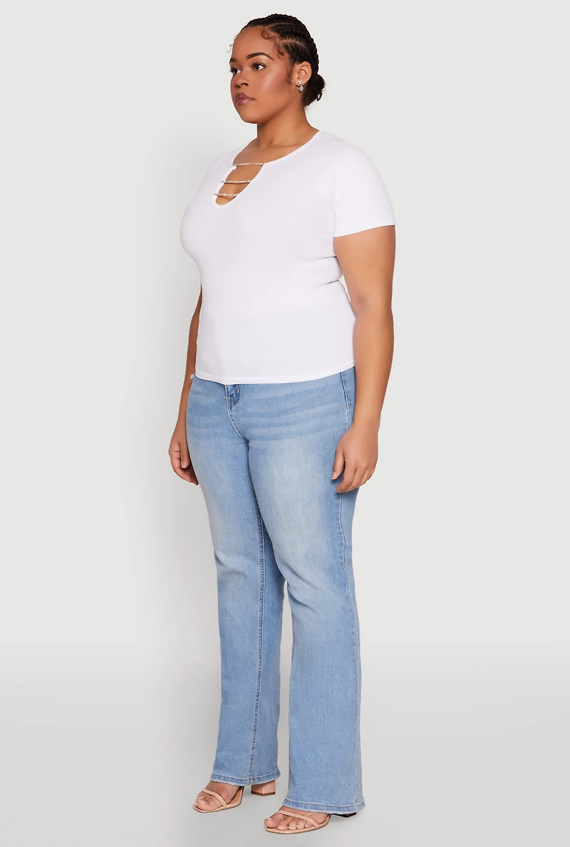 Womens Plus Size Rhinestone Caged Notch Neck Top, White, Size 2X-3X