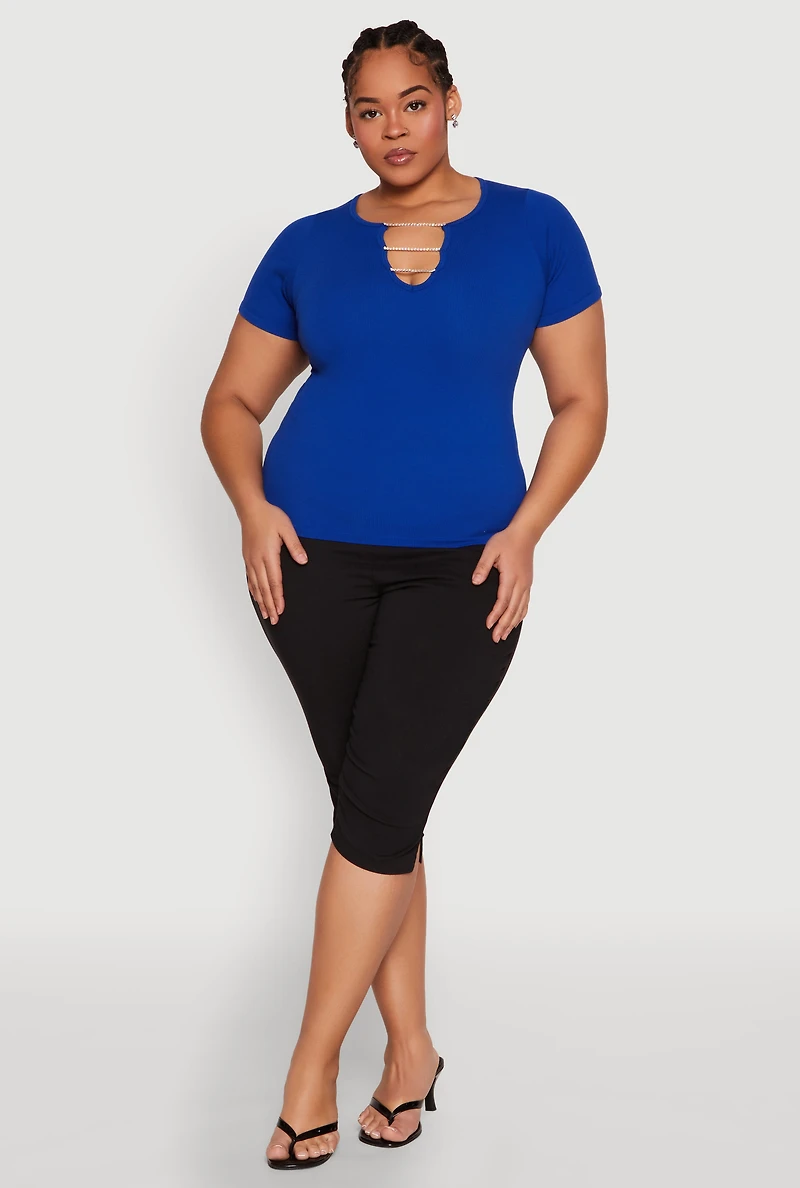 Plus Rhinestone Caged Notch Neck Top