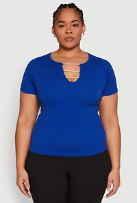 Womens Plus Size Rhinestone Caged Notch Neck Top, Blue, Size 2X-3X