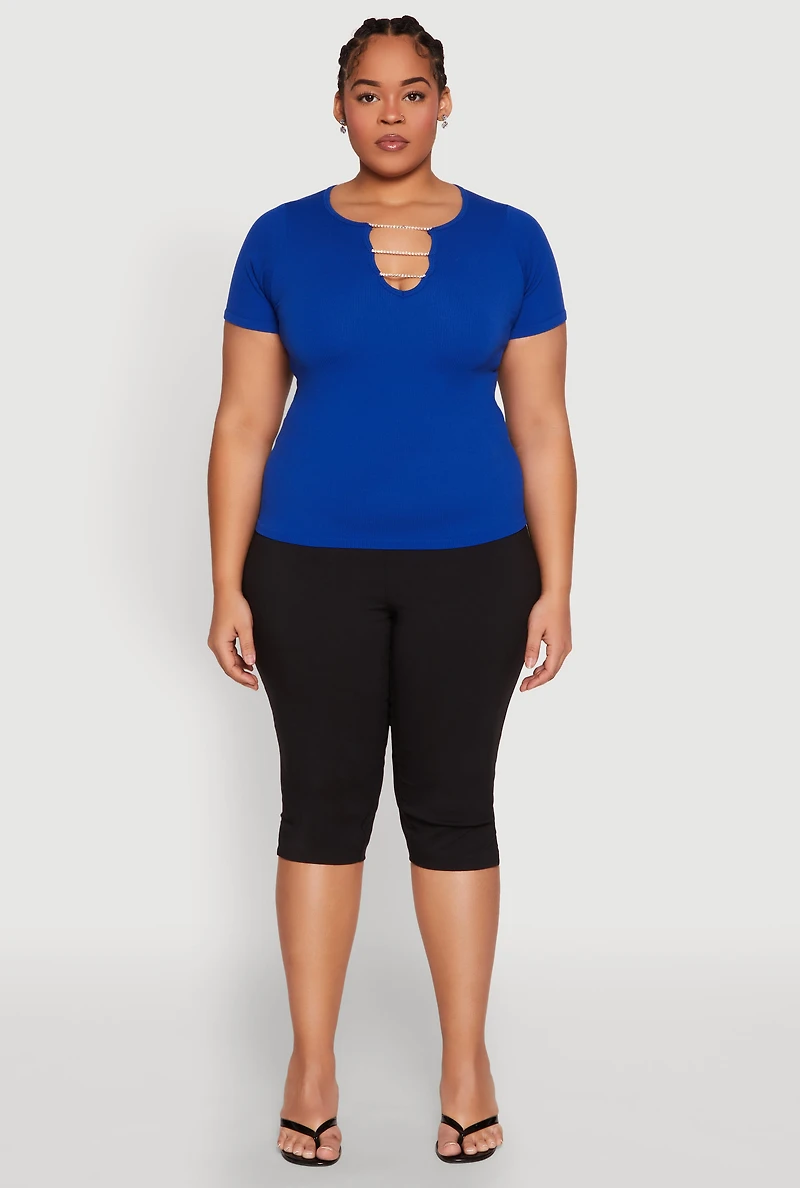 Womens Plus Size Rhinestone Caged Notch Neck Top, Blue, Size 2X-3X