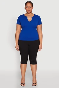 Womens Plus Size Rhinestone Caged Notch Neck Top, Blue, Size 2X-3X