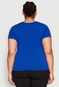 Womens Plus Size Rhinestone Caged Notch Neck Top, Blue, Size 2X-3X