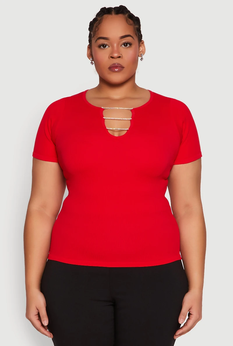 Womens Plus Size Rhinestone Caged Notch Neck Top, Red, Size 1X-2X