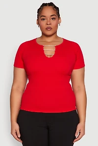Womens Plus Size Rhinestone Caged Notch Neck Top, Red, Size 1X-2X
