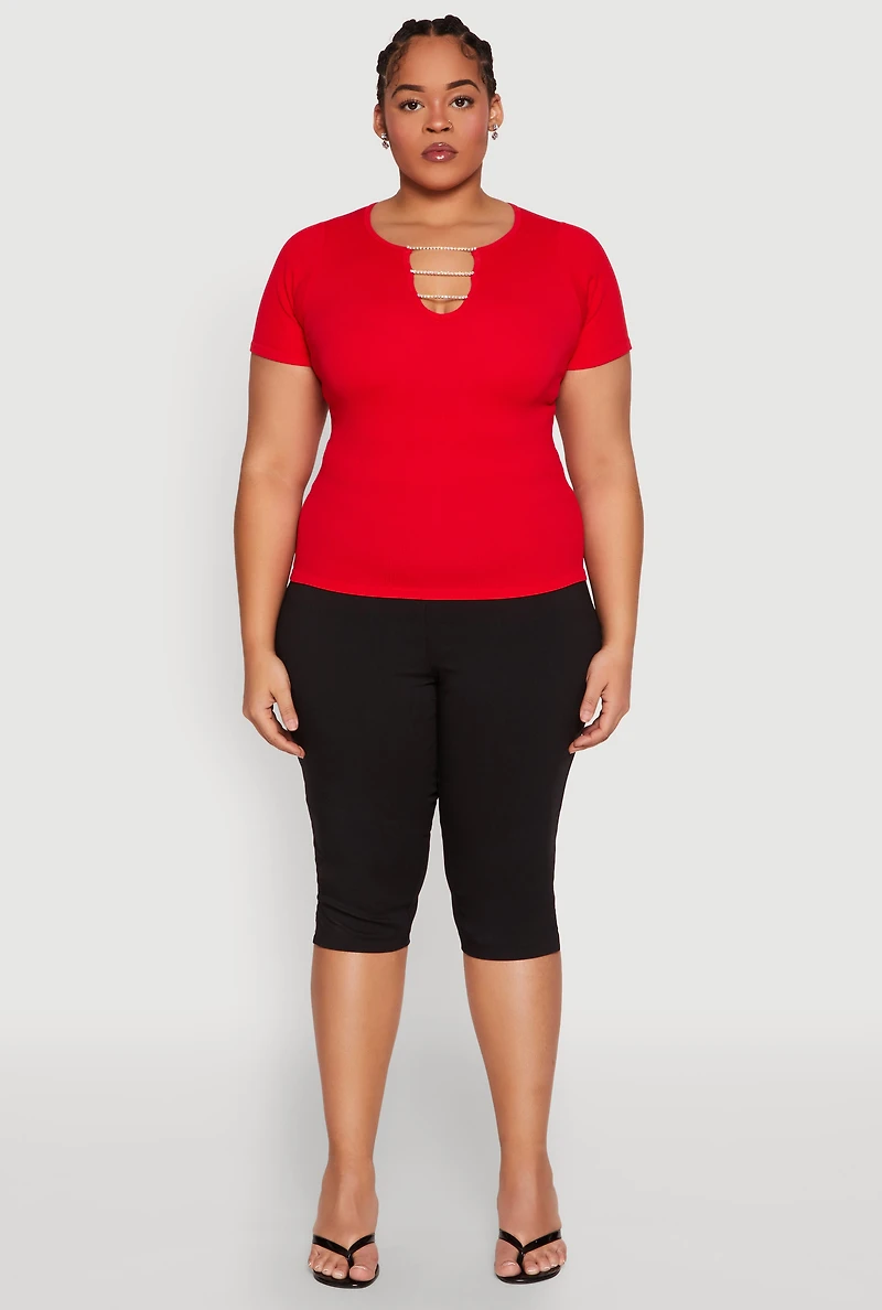 Womens Plus Size Rhinestone Caged Notch Neck Top, Red, Size 1X-2X