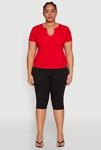 Womens Plus Size Rhinestone Caged Notch Neck Top, Red, Size 1X-2X