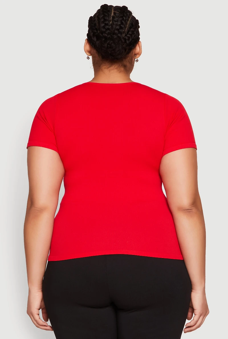 Womens Plus Size Rhinestone Caged Notch Neck Top, Red, Size 1X-2X