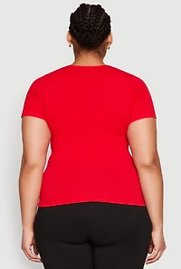 Womens Plus Size Rhinestone Caged Notch Neck Top, Red, Size 1X-2X