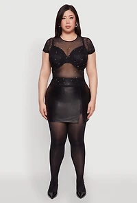 Womens Plus Size Mesh Rhinestone Short Sleeve Blouse with Crew Neck, Black, Size 1X
