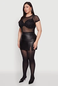 Womens Plus Size Mesh Rhinestone Short Sleeve Blouse with Crew Neck, Black, Size 1X