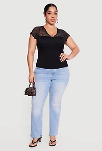 Plus Lace Overlay Cap Sleeve V-Neck Top