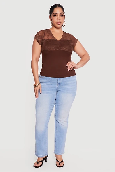 Plus Lace Overlay Cap Sleeve V-Neck Top