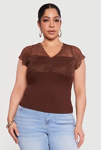 Plus Lace Overlay Cap Sleeve V-Neck Top