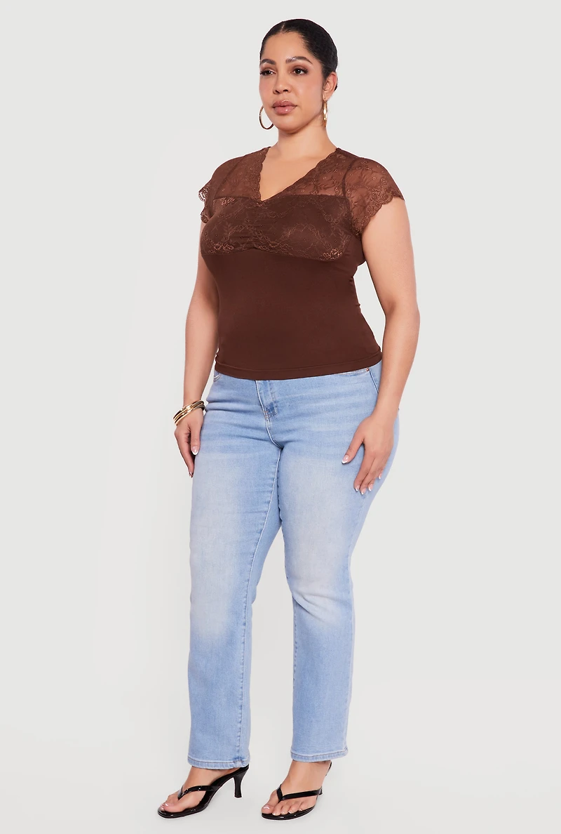 Plus Lace Overlay Cap Sleeve V-Neck Top