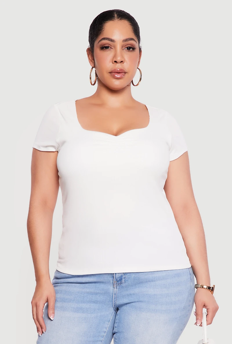 Plus Rib Knit Short Sleeve Sweetheart Top