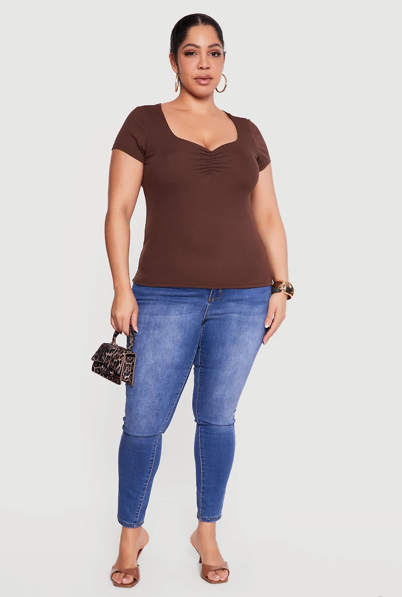 Plus Rib Knit Short Sleeve Sweetheart Top
