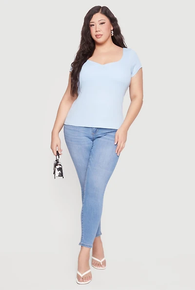 Plus Rib Knit Short Sleeve Sweetheart Top