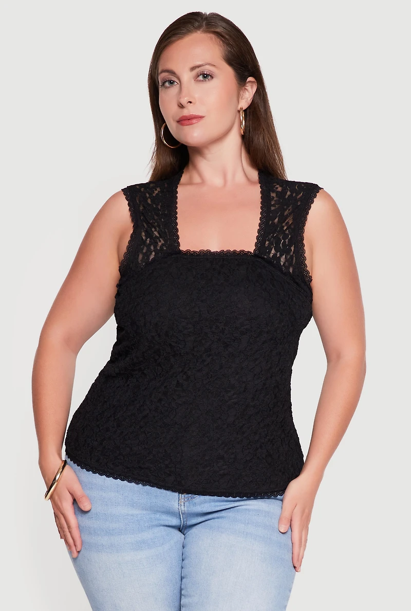 Plus Floral Lace Square Neck Blouse