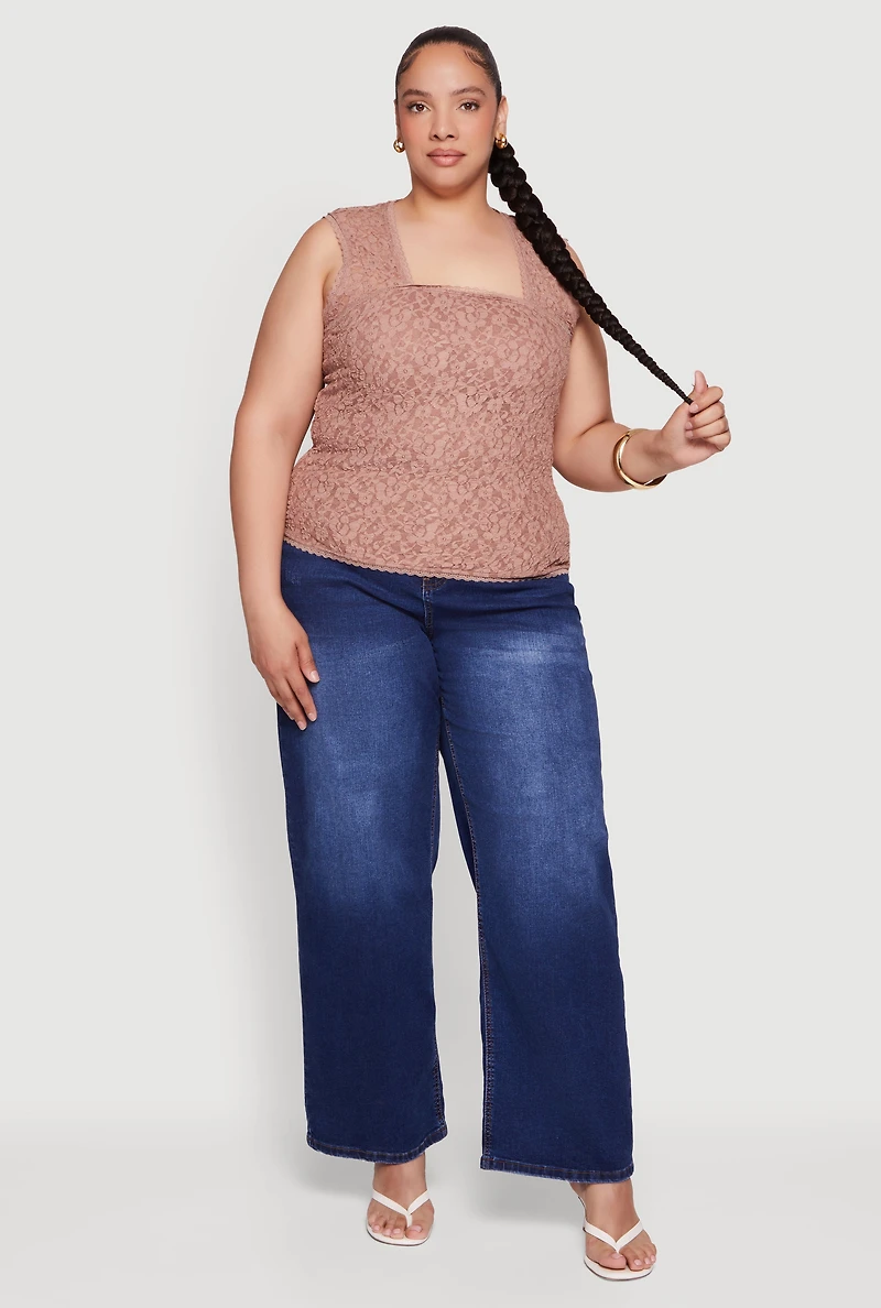 Plus Floral Lace Square Neck Blouse