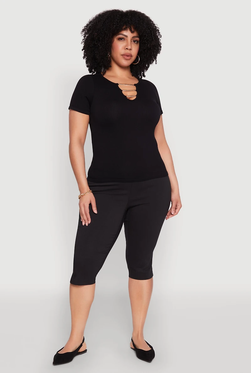 Plus Seamless Rib Knit Chain Keyhole Tee