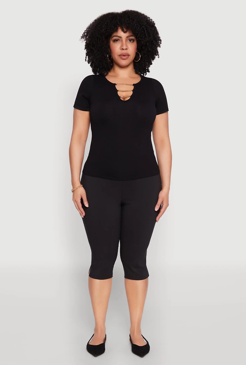 Womens Plus Seamless Rib Knit Chain Keyhole Tee, 1X-2X