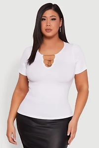 Womens Plus Size Seamless Rib Knit Chain Keyhole Tee, White, Size 1X-2X