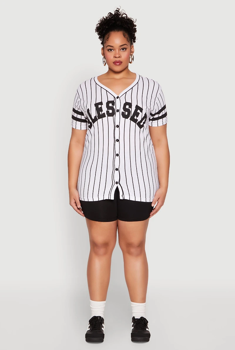 Womens Plus Size Blessed 1 Pinstripe Baseball Shirt, Multi, Size 2X
