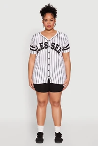 Womens Plus Size Blessed 1 Pinstripe Baseball Shirt, Multi, Size 2X