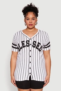 Womens Plus Size Blessed 1 Pinstripe Baseball Shirt, Multi, Size 2X