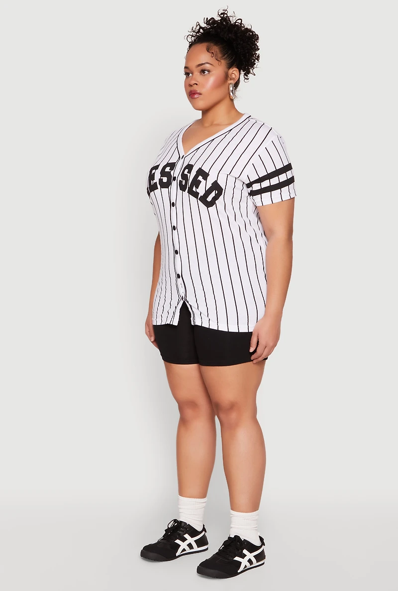 Womens Plus Size Blessed 1 Pinstripe Baseball Shirt, Multi, Size 1X