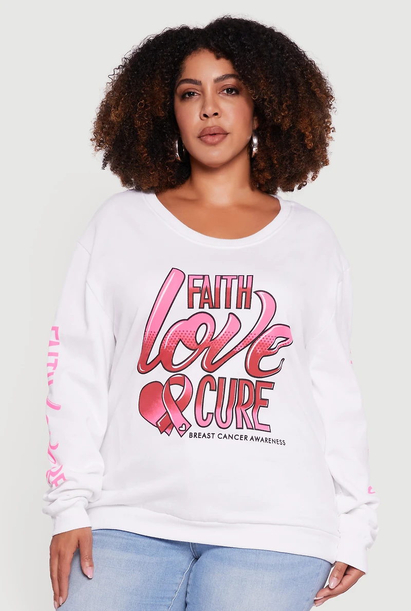 Womens Plus Size Faith Love Cure Graphic Sweatshirt, White, Size 2X