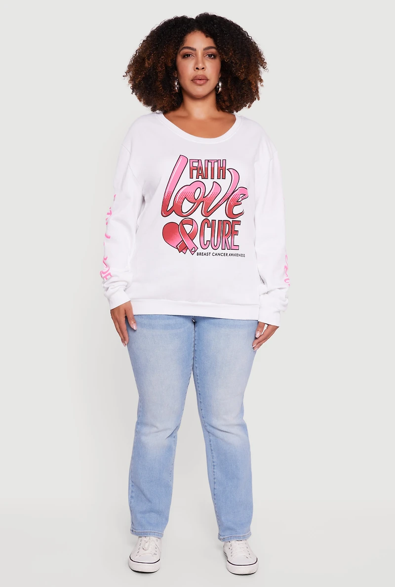 Womens Plus Size Faith Love Cure Graphic Sweatshirt, White, Size 2X