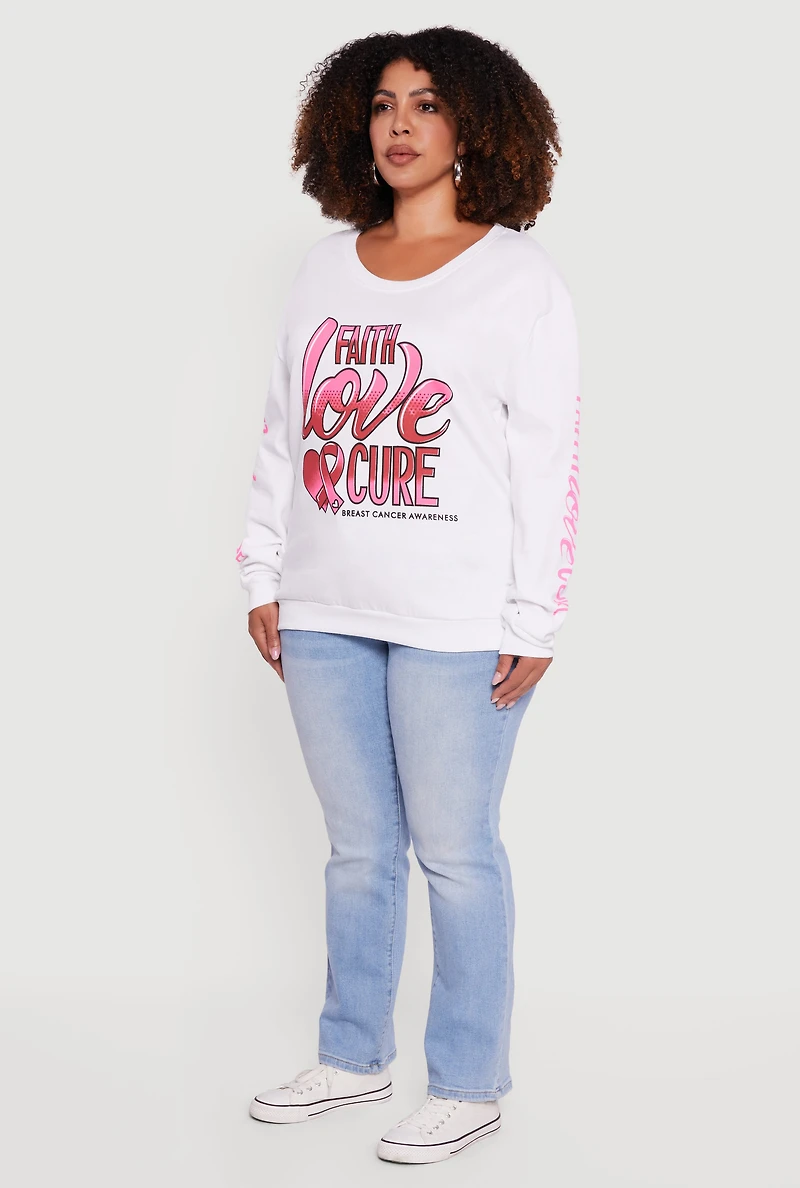 Womens Plus Size Faith Love Cure Graphic Sweatshirt, White, Size 2X