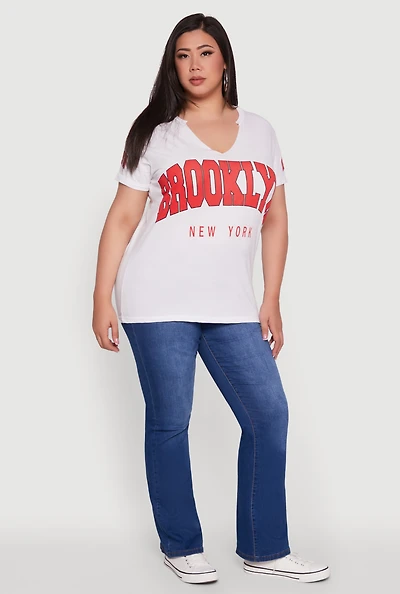 Womens Plus Size Brooklyn New York Graphic Print Tee, White, Size 1X