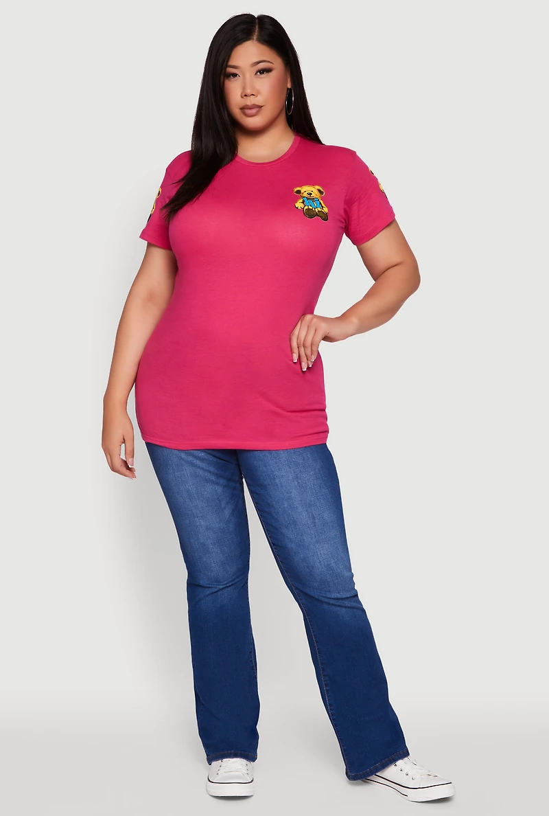 Womens Plus Bye Bear Back Graphic Tee, Pink,