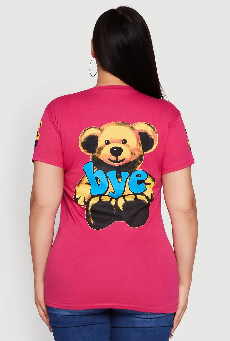 Womens Plus Bye Bear Back Graphic Tee, Pink,
