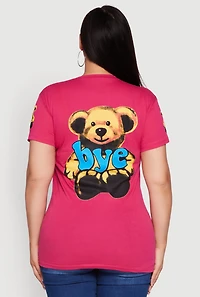 Womens Plus Bye Bear Back Graphic Tee, Pink,