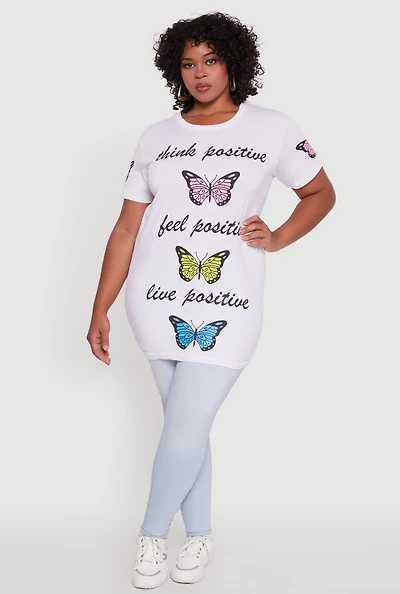 Womens Plus Size Think Positive Butterfly Graphic Tunic Tee, White, Size 1X