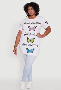 Womens Plus Size Think Positive Butterfly Graphic Tunic Tee, White, Size 1X
