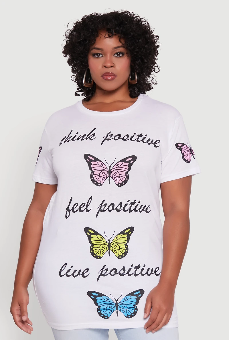 Womens Plus Size Think Positive Butterfly Graphic Tunic Tee, White, Size 1X