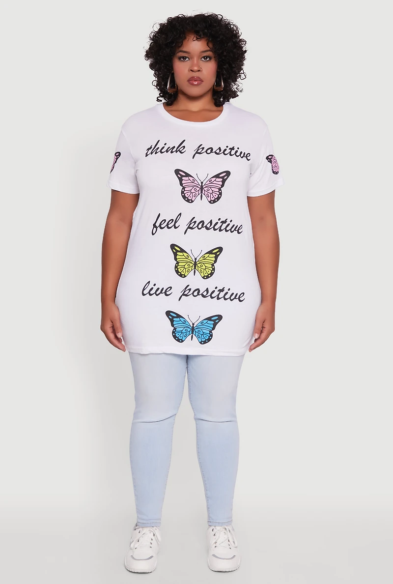 Womens Plus Size Think Positive Butterfly Graphic Tunic Tee, White, Size 1X