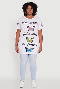 Womens Plus Size Think Positive Butterfly Graphic Tunic Tee, White, Size 1X