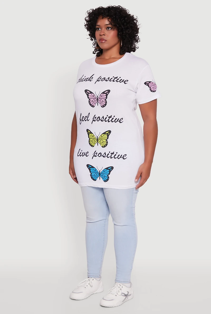 Womens Plus Size Think Positive Butterfly Graphic Tunic Tee, White, Size 1X