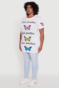 Womens Plus Size Think Positive Butterfly Graphic Tunic Tee, White, Size 1X