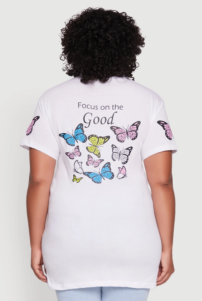 Womens Plus Size Think Positive Butterfly Graphic Tunic Tee, White, Size 1X