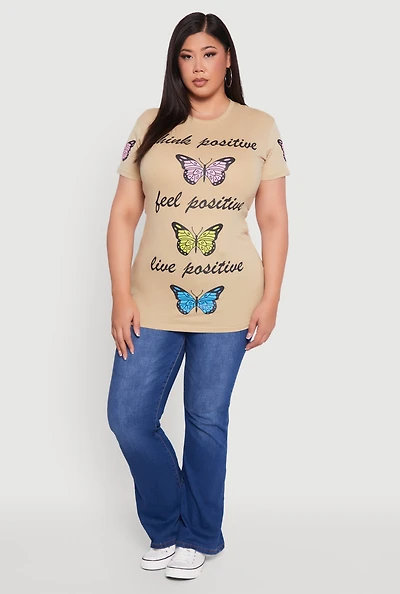 Womens Plus Size Think Positive Butterfly Graphic Tunic Tee, Beige, Size 3X
