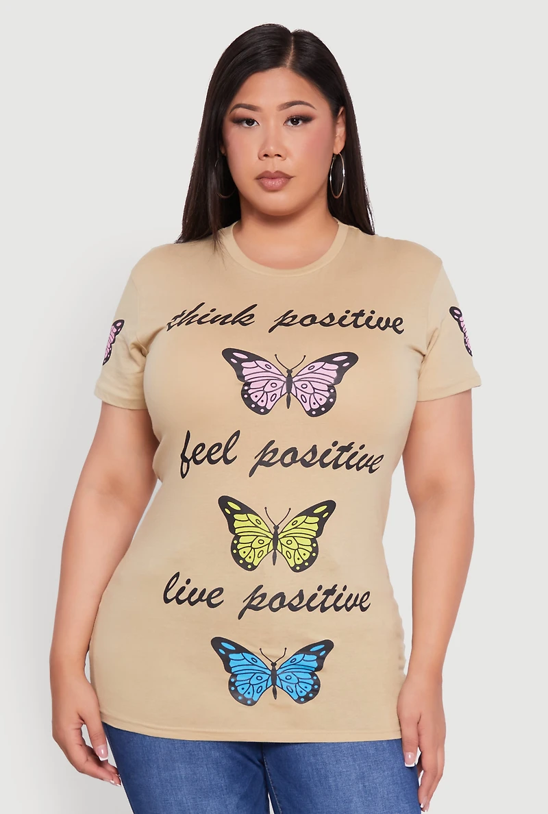 Womens Plus Think Positive Butterfly Graphic Tunic Tee,