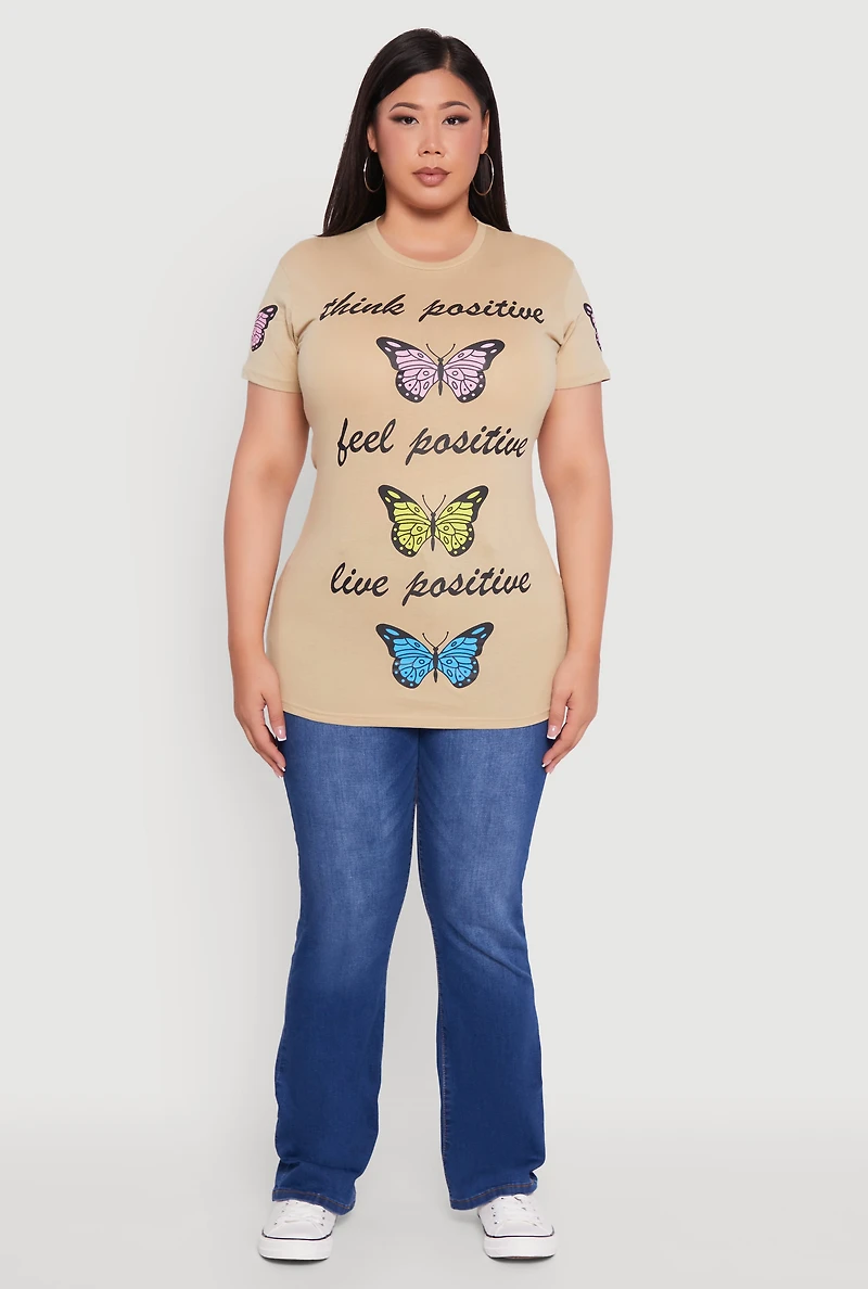 Womens Plus Think Positive Butterfly Graphic Tunic Tee,