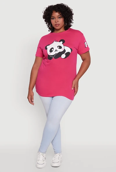 Womens Plus Panda Graphic Print Crew Neck Short Sleeve Tee, Pink,