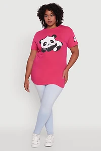 Womens Plus Panda Graphic Print Crew Neck Short Sleeve Tee, Pink,